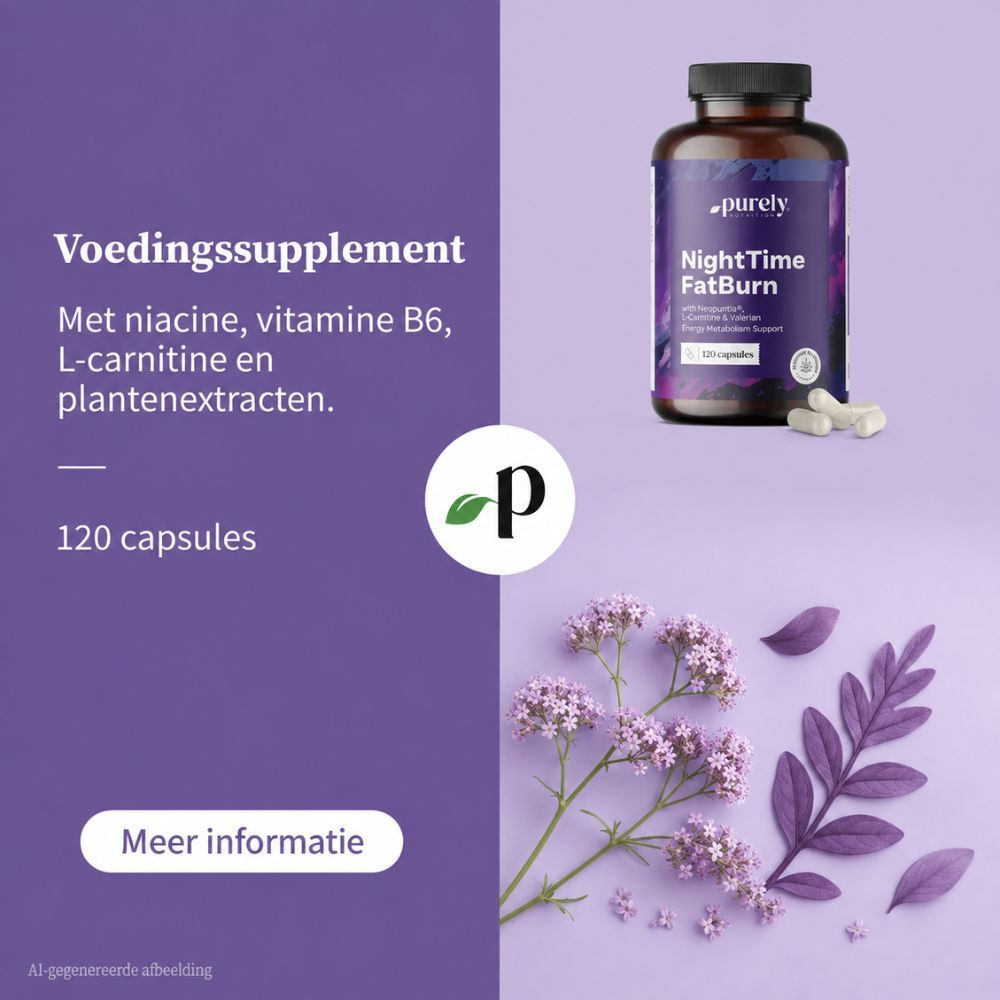 Pot Purely NightTime FatBurn voor bloeiende valeriaan. Tekst: "Voedingssupplement met niacine en vitamine B6."