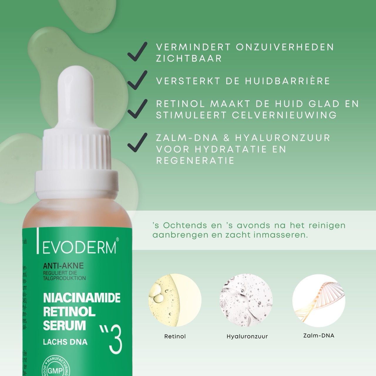 Drie producten: gel, toner en serum. Vrouw op de achtergrond. Tekst: Anti-acne verzorgingslijn. Dermatologisch getest.