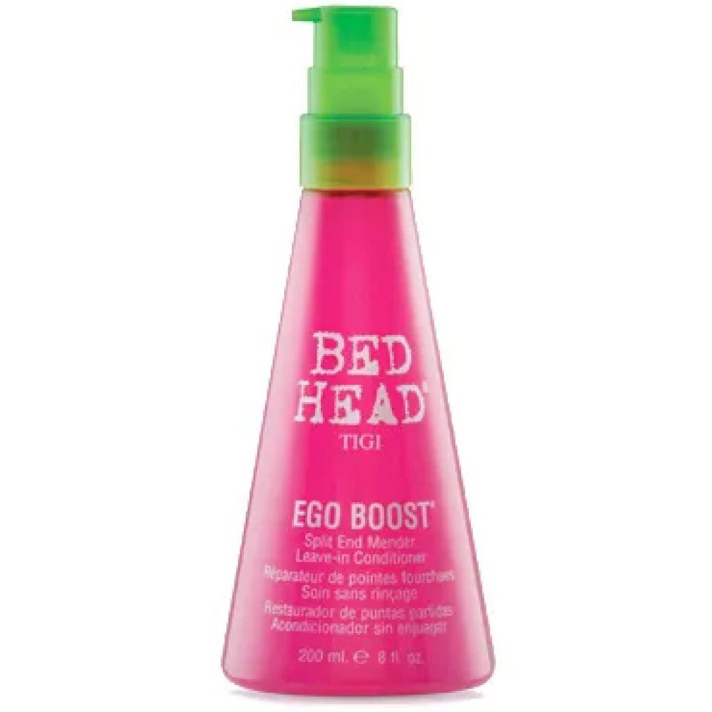 Roze fles met groene pomp. Opschrift: BED HEAD, TIGI, Ego Boost. Meertalige tekst. Volume: 200 ml, 8 fl. oz.