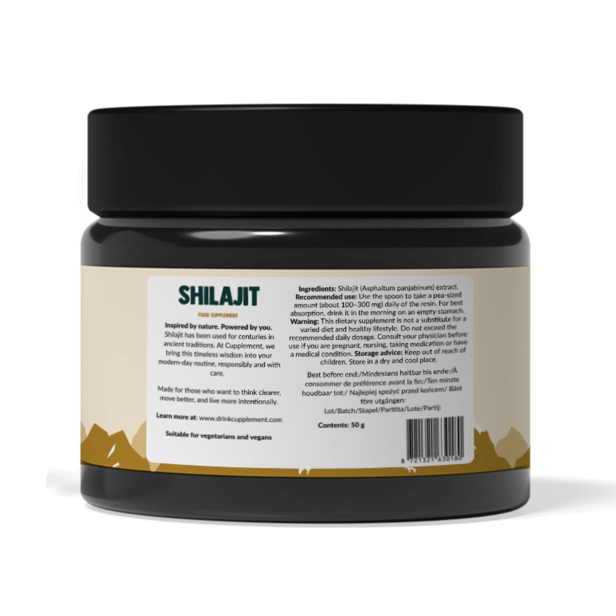 Pot noir avec étiquette. Inscription: Shilajit. Contient 50g. Convient aux végétariens et végétaliens.