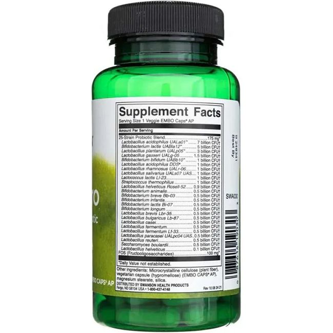 Dos du flacon vert. Étiquette avec informations nutritionnelles et ingrédients. Contient 25 souches probiotiques.