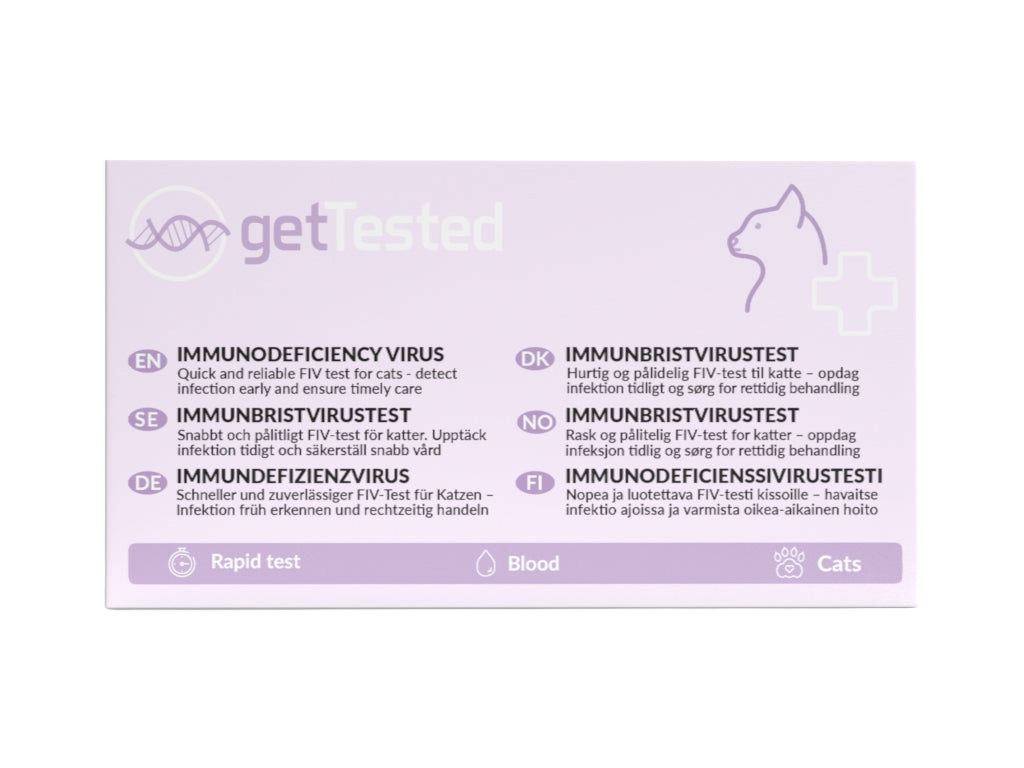 GetTested test voor katten. Bevat informatie in verschillende talen: Engels, Duits, Zweeds, Deens, Noors en Fins.