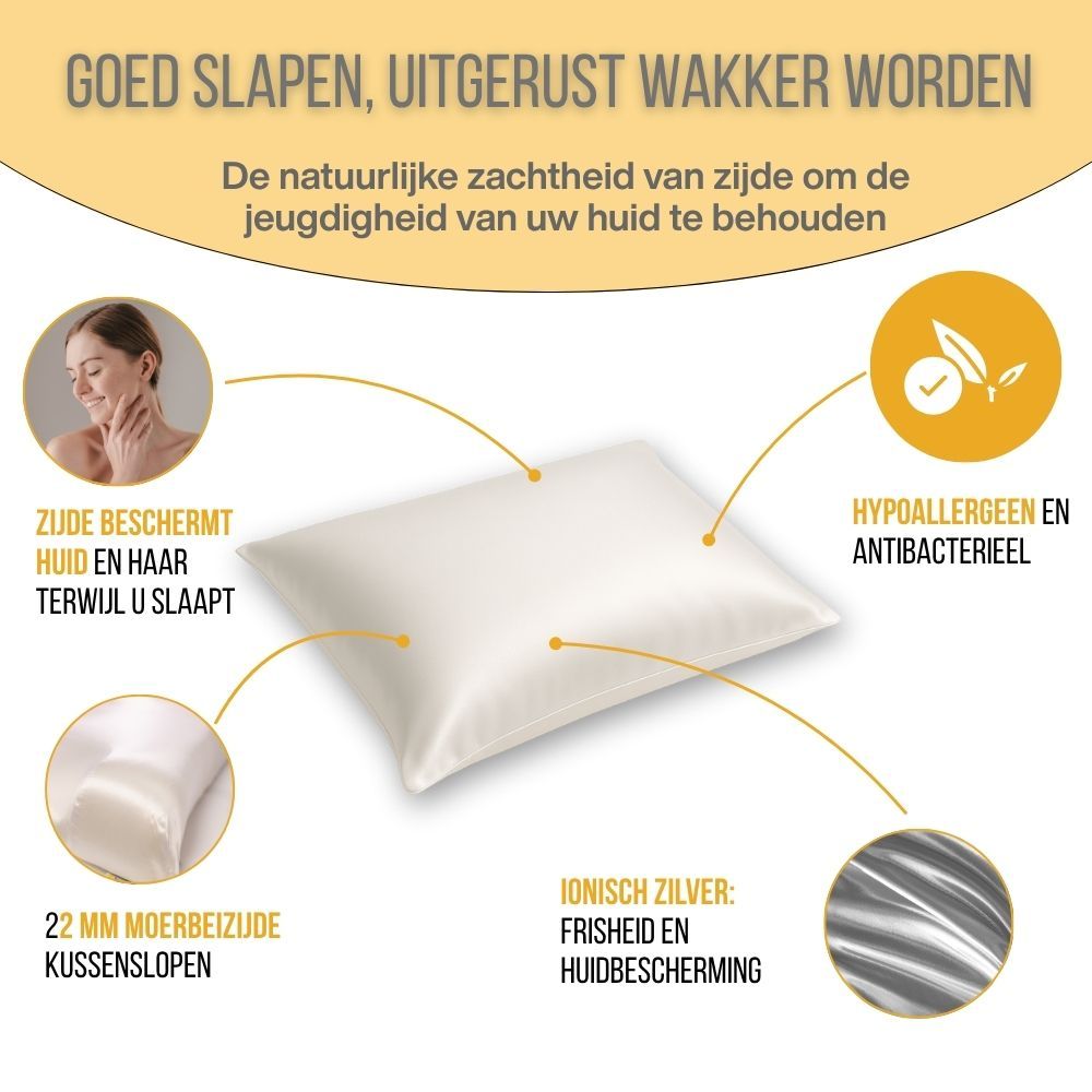 Crèmekleurige zijden kussensloop. Tekst en afbeeldingen met productvoordelen.
