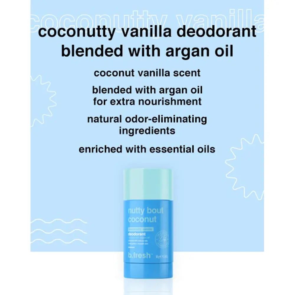 Texte avec informations sur le produit et un déodorant bleu. Inscription : "coconutty vanilla deodorant".