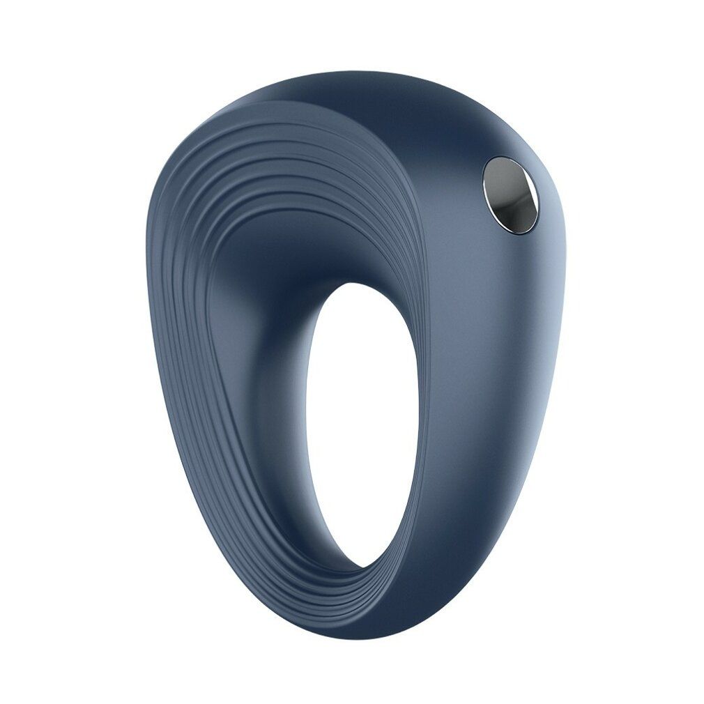 Blauwe ring met gegolfd oppervlak en zilveren knop. Gebogen vorm.