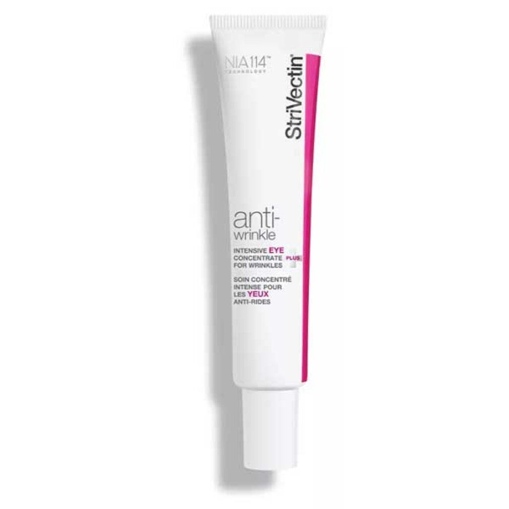 Long tube blanc avec accents roses. Inscription: StriVectin, Anti-Wrinkle, Intensive Eye Concentrate.