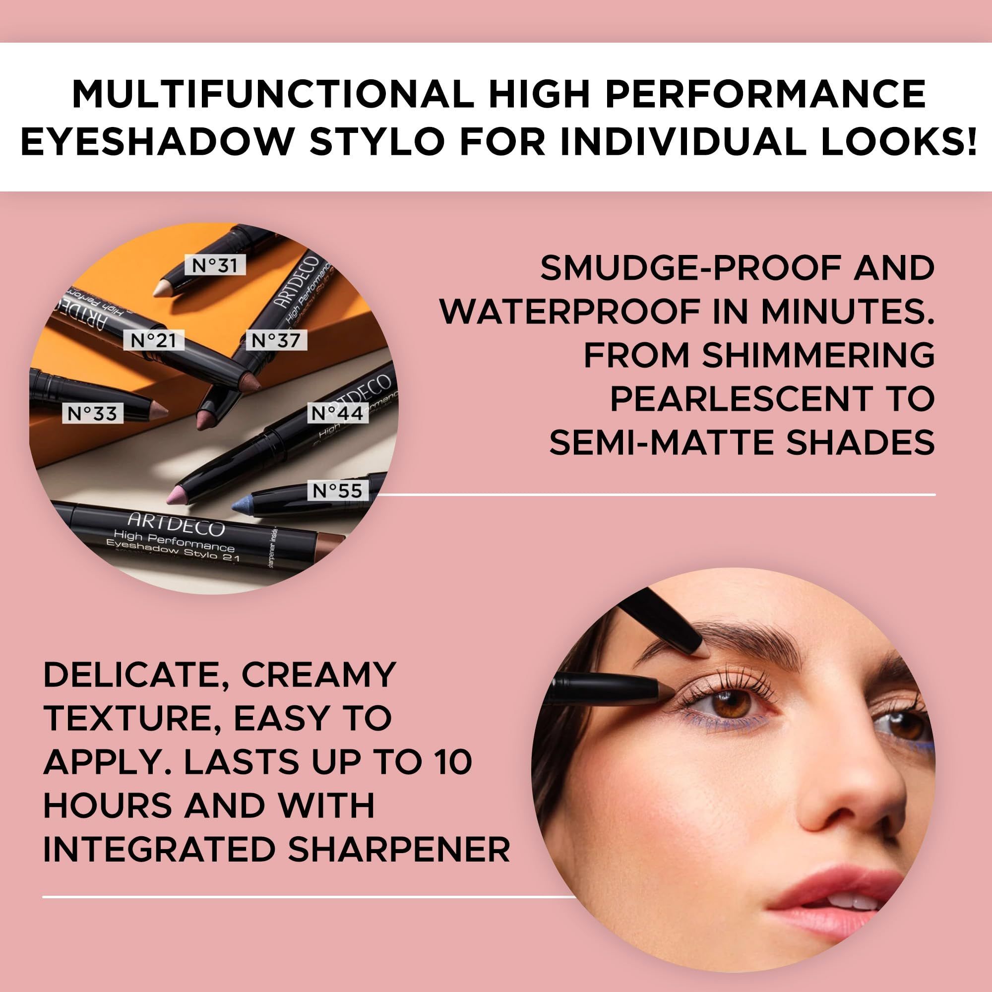 Reclamebeeld met tekst en productillustraties. Bevat meerdere oogschaduw stylo's en een vrouw die zich opmaakt.