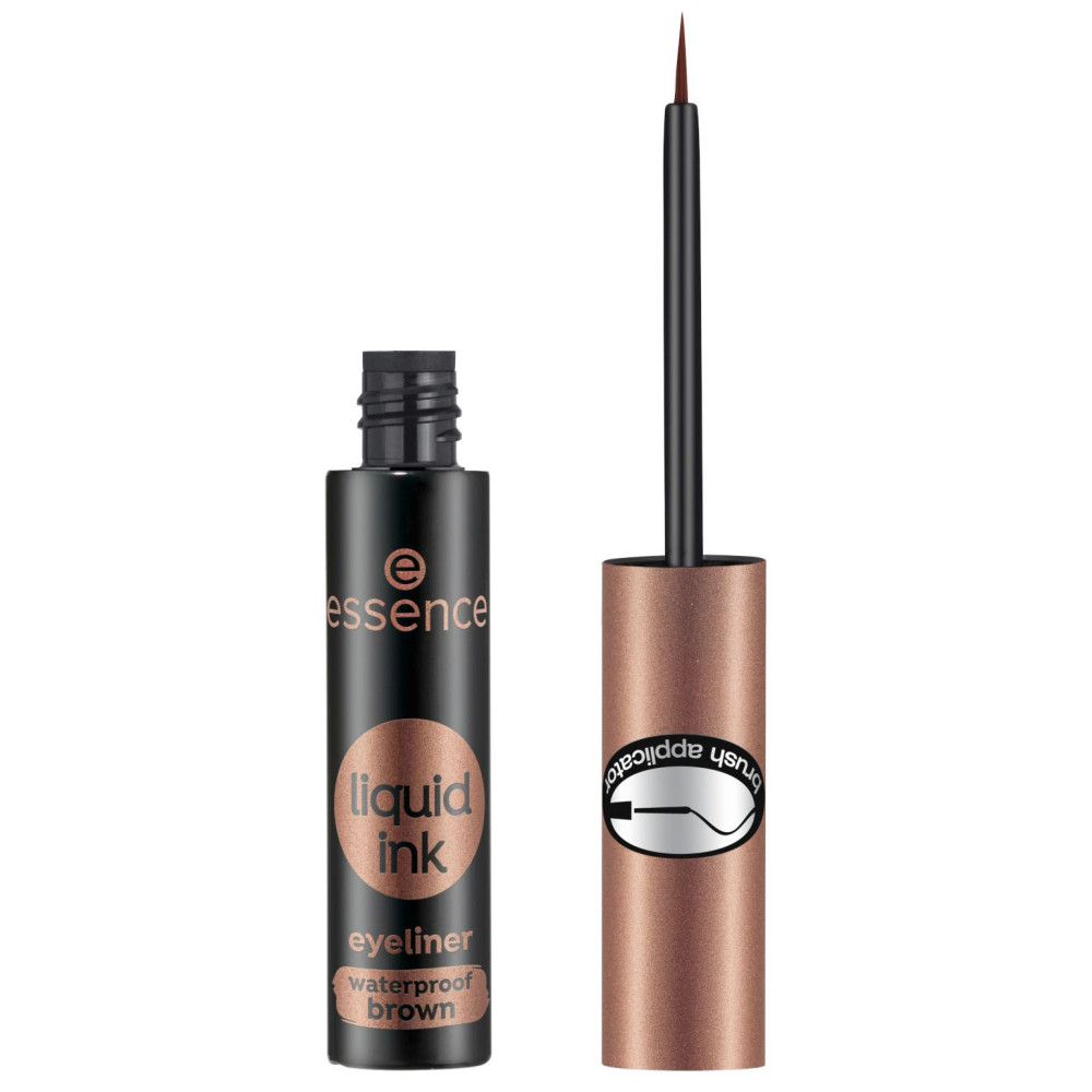 Bruine vloeibare eyeliner met open dop en borstel. Zwarte fles met bruin etiket en tekst.