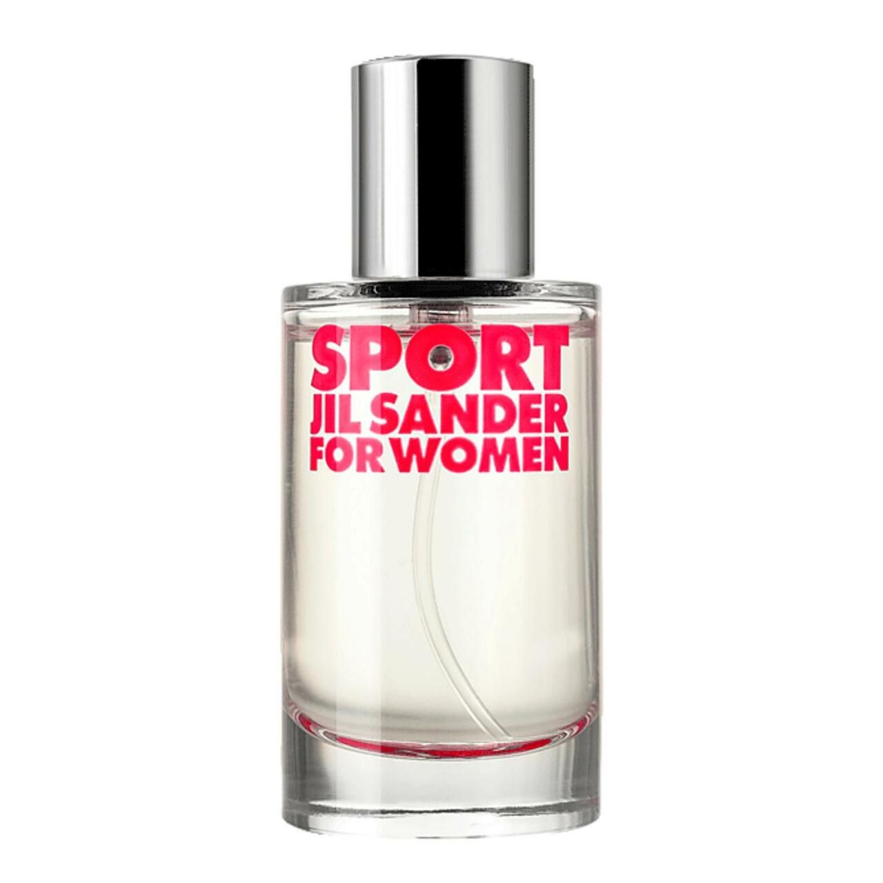 Flacon en verre transparent avec bouchon argenté. Inscription SPORT JIL SANDER FOR WOMEN en rose. Bande rouge en bas.