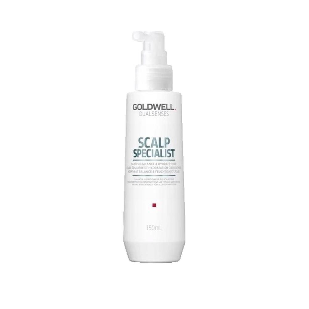 Witte fles met pomp. Opschrift: Goldwell Dualsenses, Scalp Specialist. Tekst: Voor gerevitaliseerde & gehydrateerde hoofdhuid. 150ml.