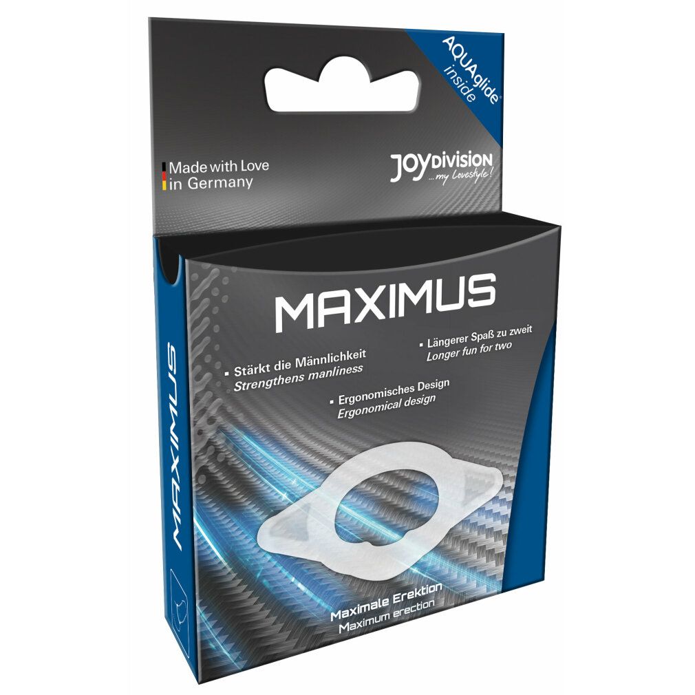 MAXIMUS verpakking. Witte penisring in doos. Opschrift MAXIMUS, AquaGlide, Made in Germany. Ergonomisch ontwerp.
