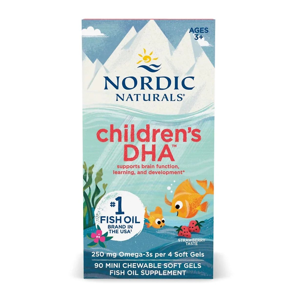 Voorkant van een NORDIC NATURALS Children's DHA verpakking met berg- en zeemotief, vissen en aardbeien.