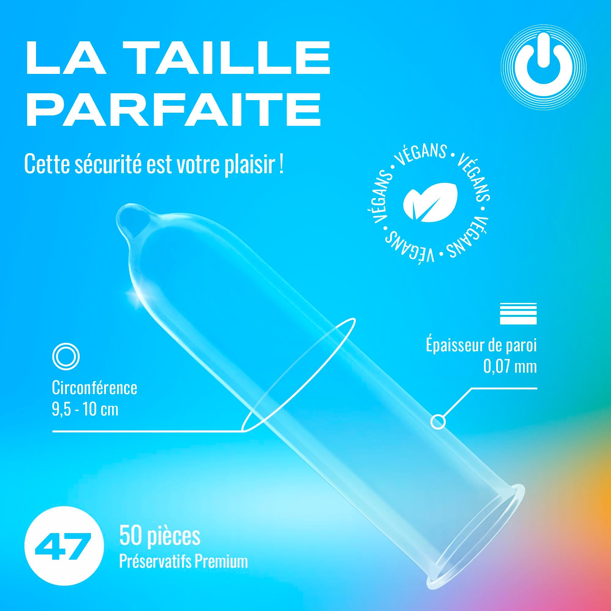Préservatif transparent, taille 47mm, 50 pièces, vegan.