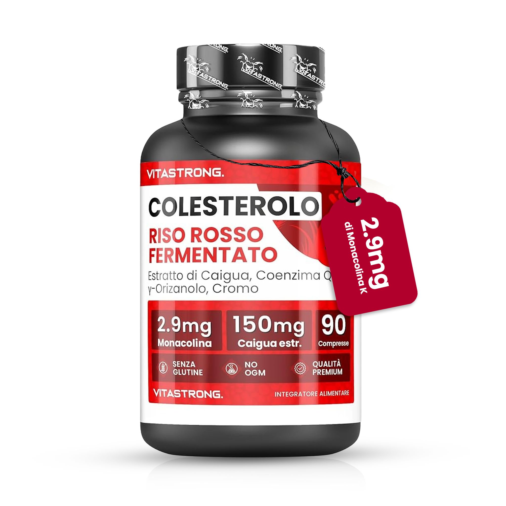 Flacon noir avec étiquette rouge. Contient 90 comprimés. Texte : Vitastrong, Cholestérol, Riso Rosso Fermentato.