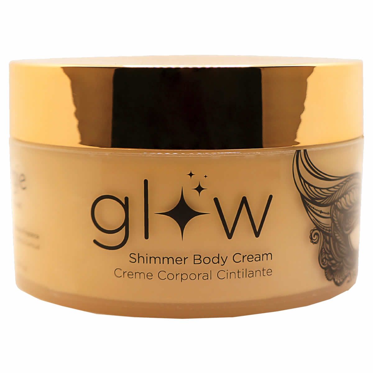 Beige crème in een ronde pot met gouden deksel. Opschrift "glow" en "Shimmer Body Cream".
