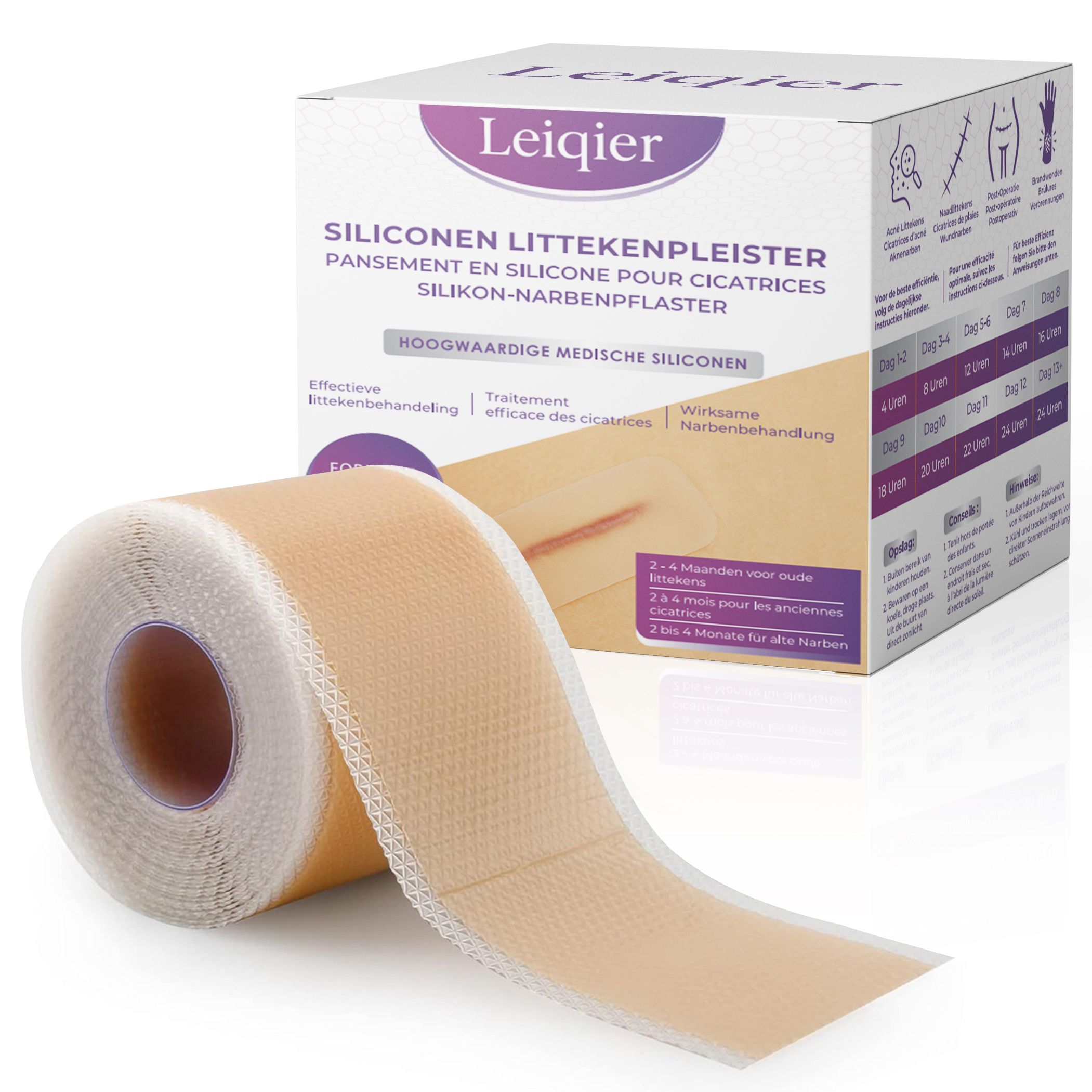 Rol doorschijnend beige siliconen littekenpleister. Verpakking met informatie en merknaam Leiqier.