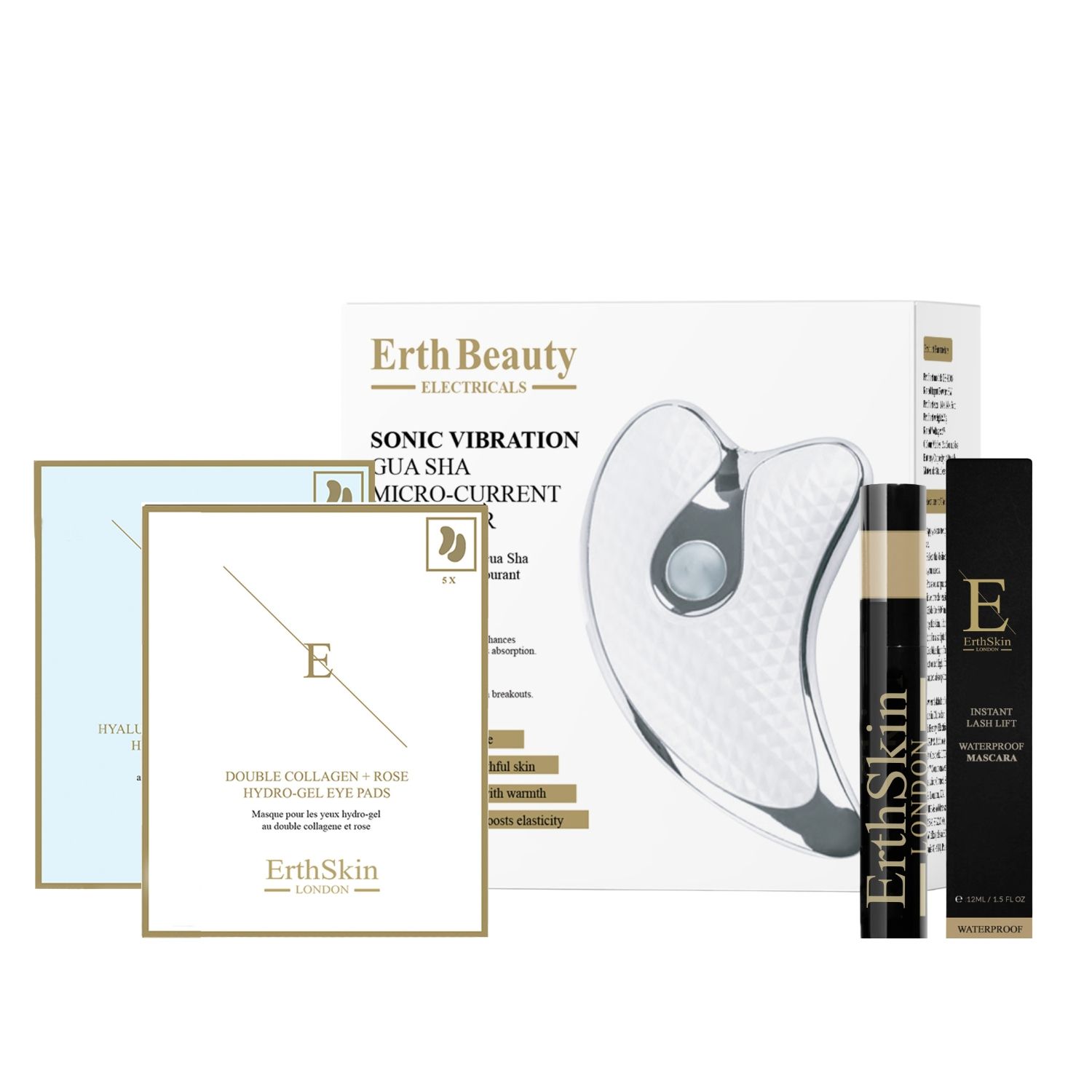 Set met oogpads, mascara, Gua Sha-tool en doos. Gua Sha-tool van metaal. Mascaratube en -doos met logo.