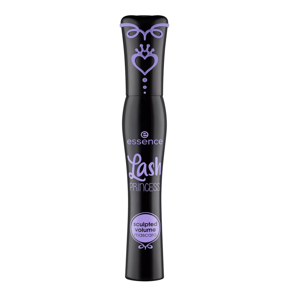 Mascara noire avec accents violets. Inscriptions: Essence, Lash Princess, Sculpted Volume Mascara.