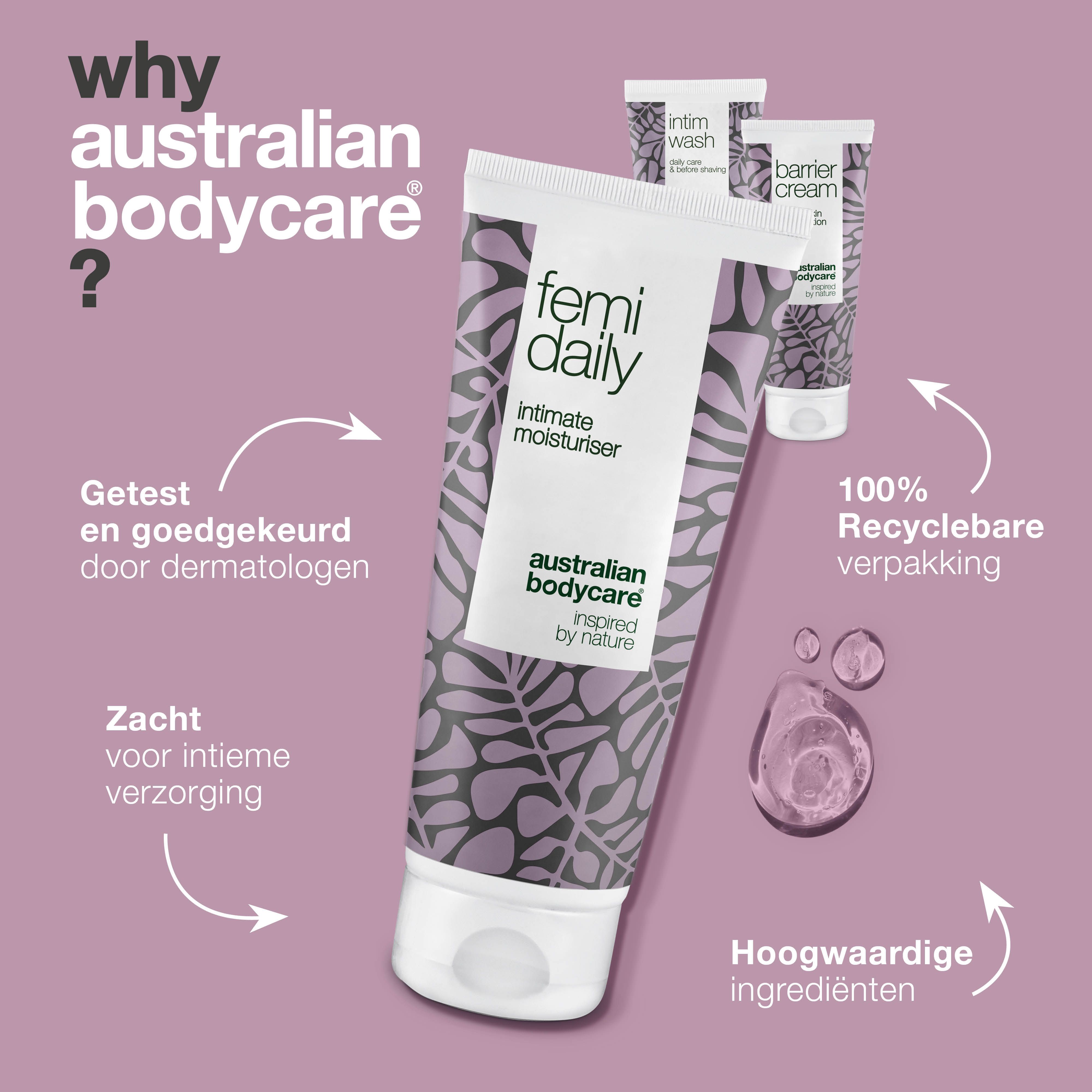 Tube Femi Daily, intieme moisturizer. Tekst: Getest en goedgekeurd door dermatologen. Merk: Australian Bodycare.