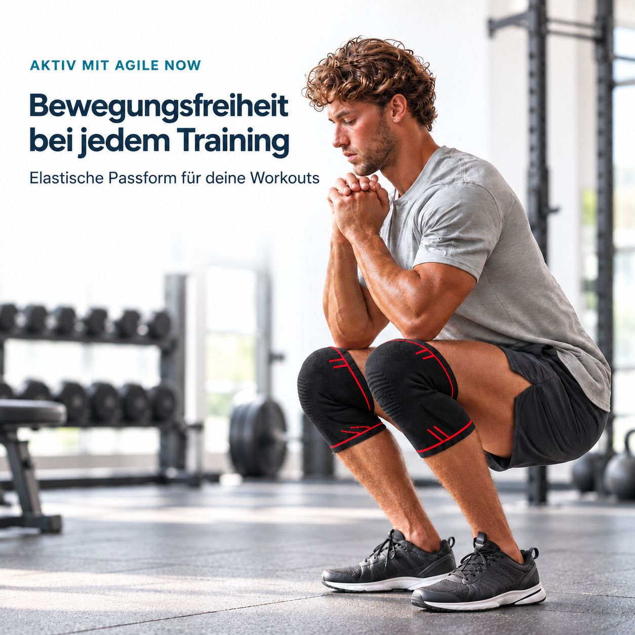 Homme faisant des squats en salle de sport avec des genouillères pour la liberté de mouvement.