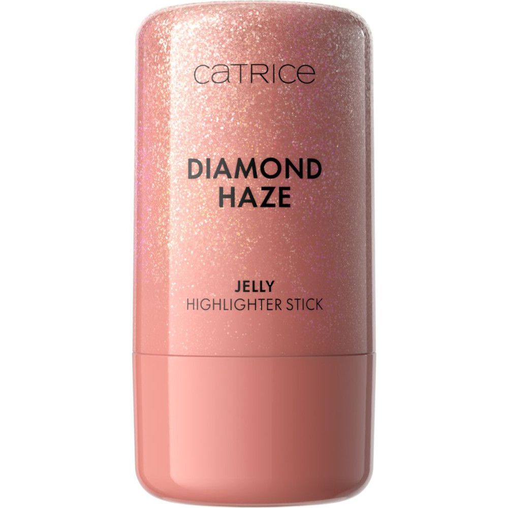 Stick illuminateur rose. Emballage fermé. Sur le stick, on lit "Catrice", "Diamond Haze" et "Jelly Highlighter Stick".