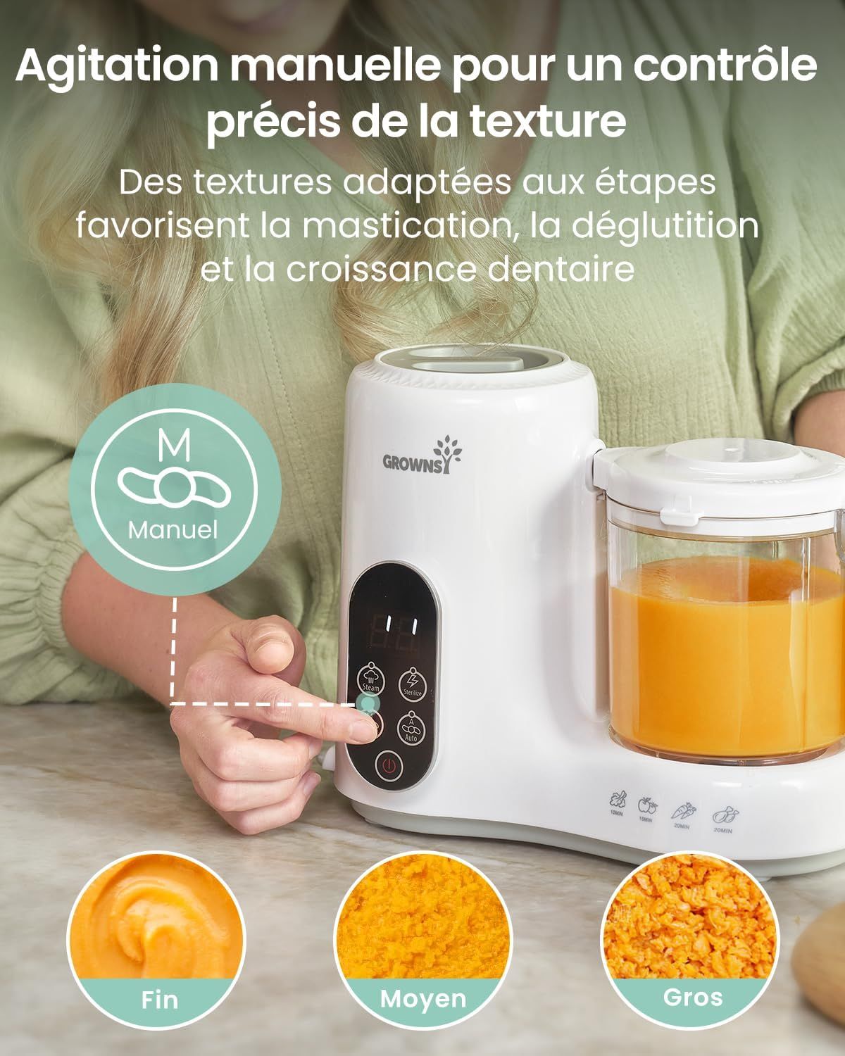 Robot bébé blanc avec récipient en verre contenant un liquide orange. Panneau de commande avec boutons et indicateur LED.