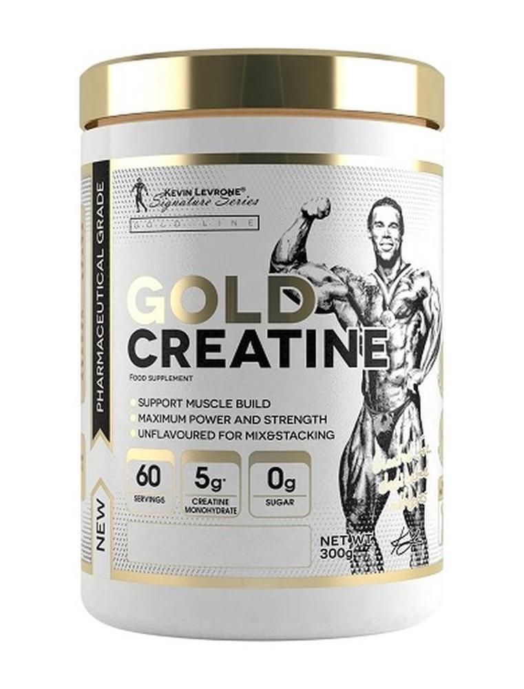 Pot de supplément blanc avec couvercle doré. Inscription : GOLD CREATINE. Contient 60 portions, 5g de créatine monohydrate, 0g de sucre.