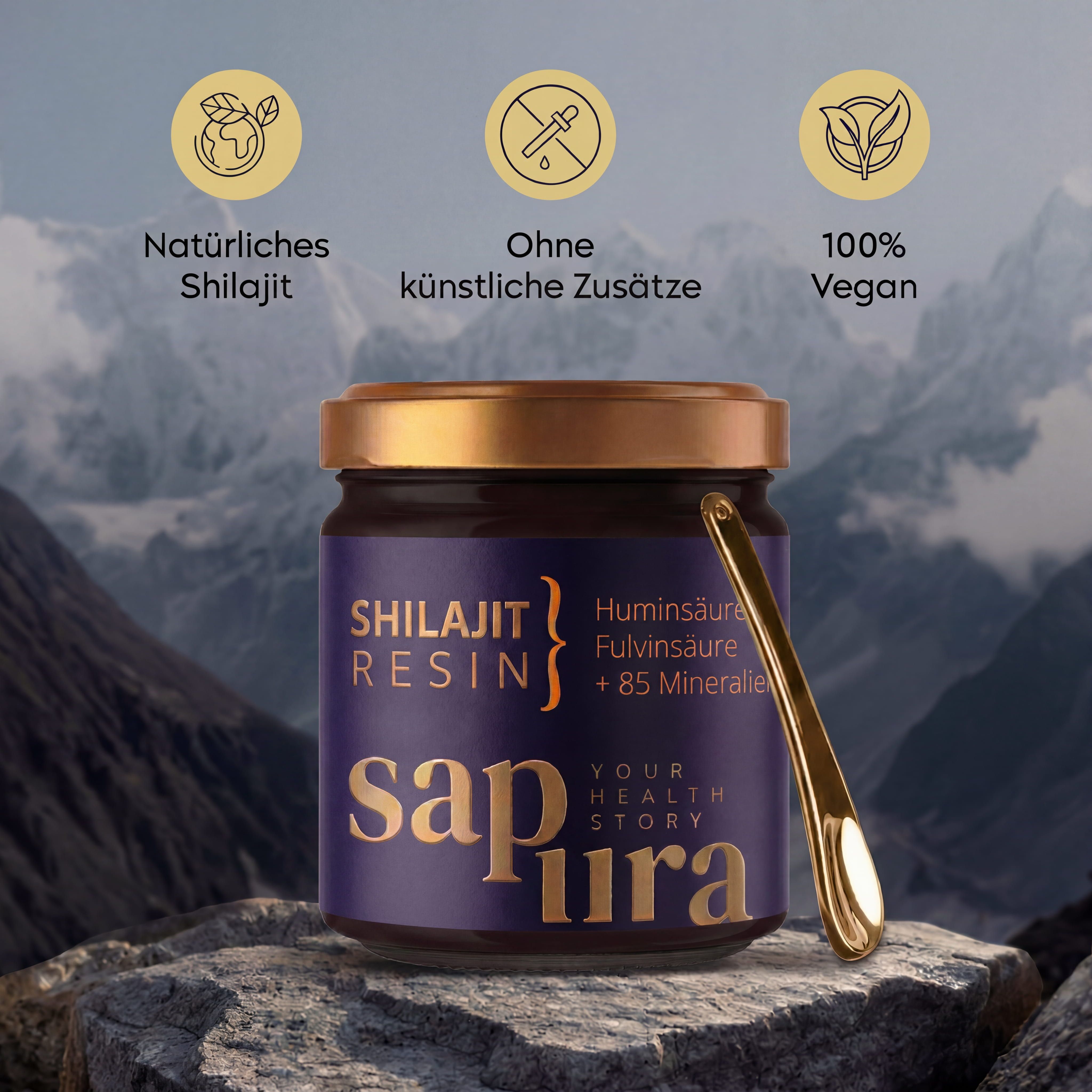 Résine de Shilajit en pot sur des rochers. Icônes : globe, pipette, feuille. Texte : Naturel, Sans additifs, Vegan.