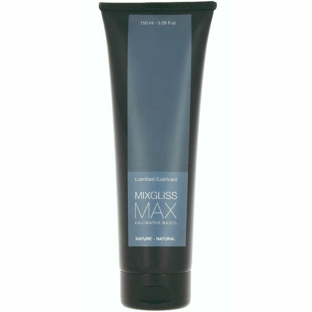 Tube gris foncé avec étiquette bleue. Texte: Mixgliss Max, Eau/Water Based. En haut: 150 ml.