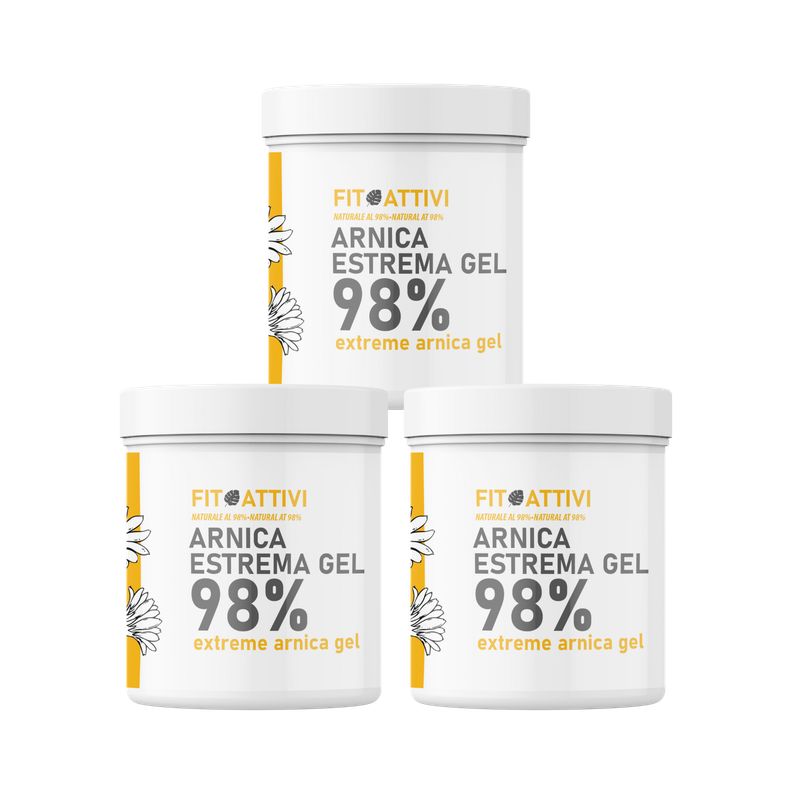 Trois pots blancs avec des accents jaunes. Inscription: Arnica Estrema Gel 98%. Marque: FIT ATTIVI. Gel extrême à l'arnica.