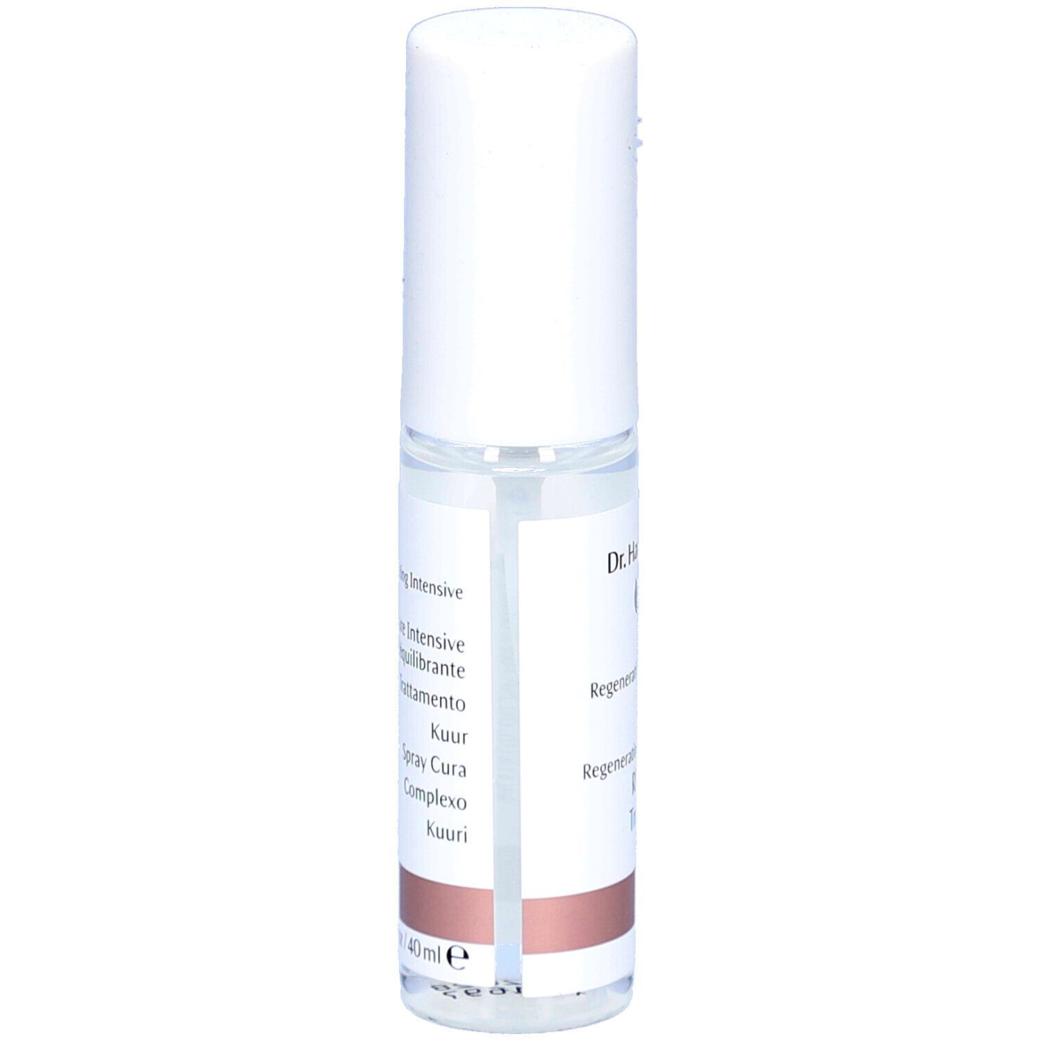 Transparante sprayfles met witte dop. Opschrift: Regenerating Intensive, Spray Cura, 40ml.