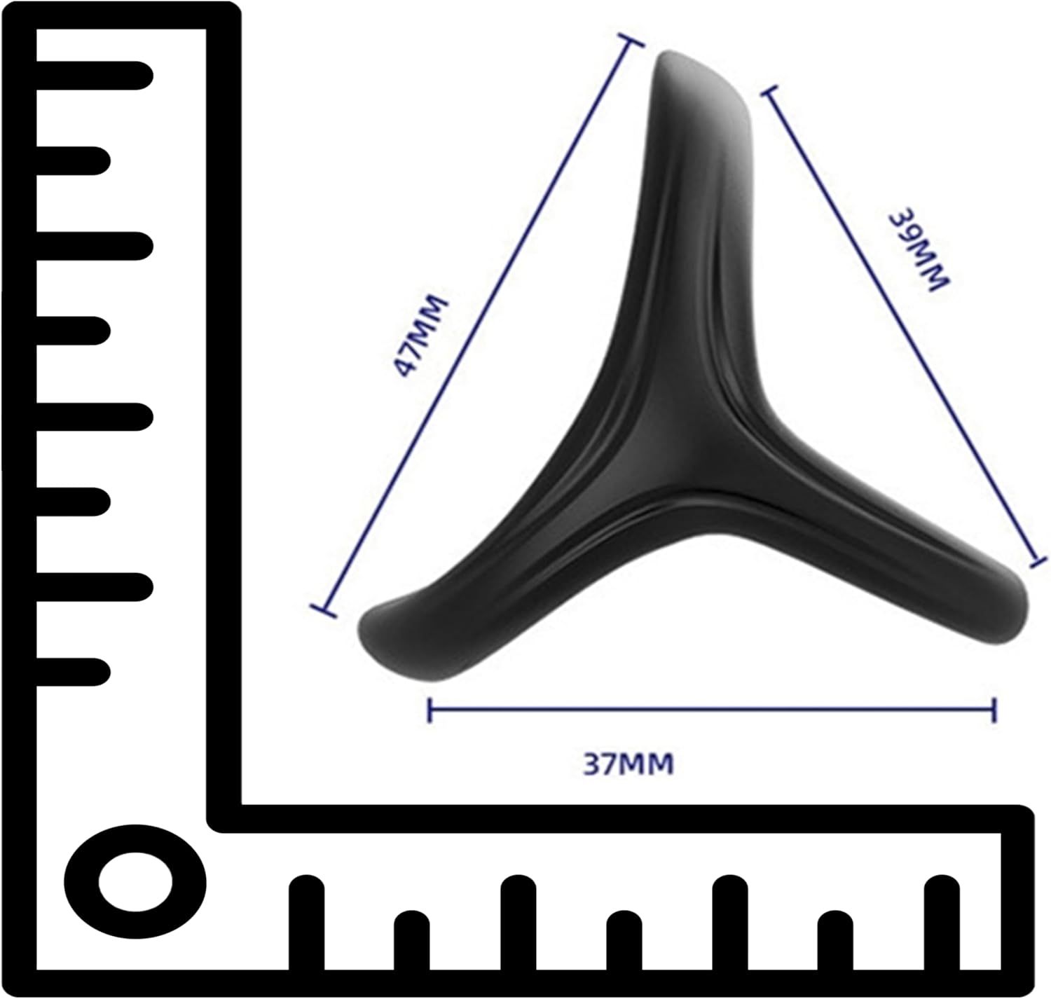 Anneau pénien noir avec mesures. Forme triangulaire. Dimensions : 47mm, 39mm, 37mm.