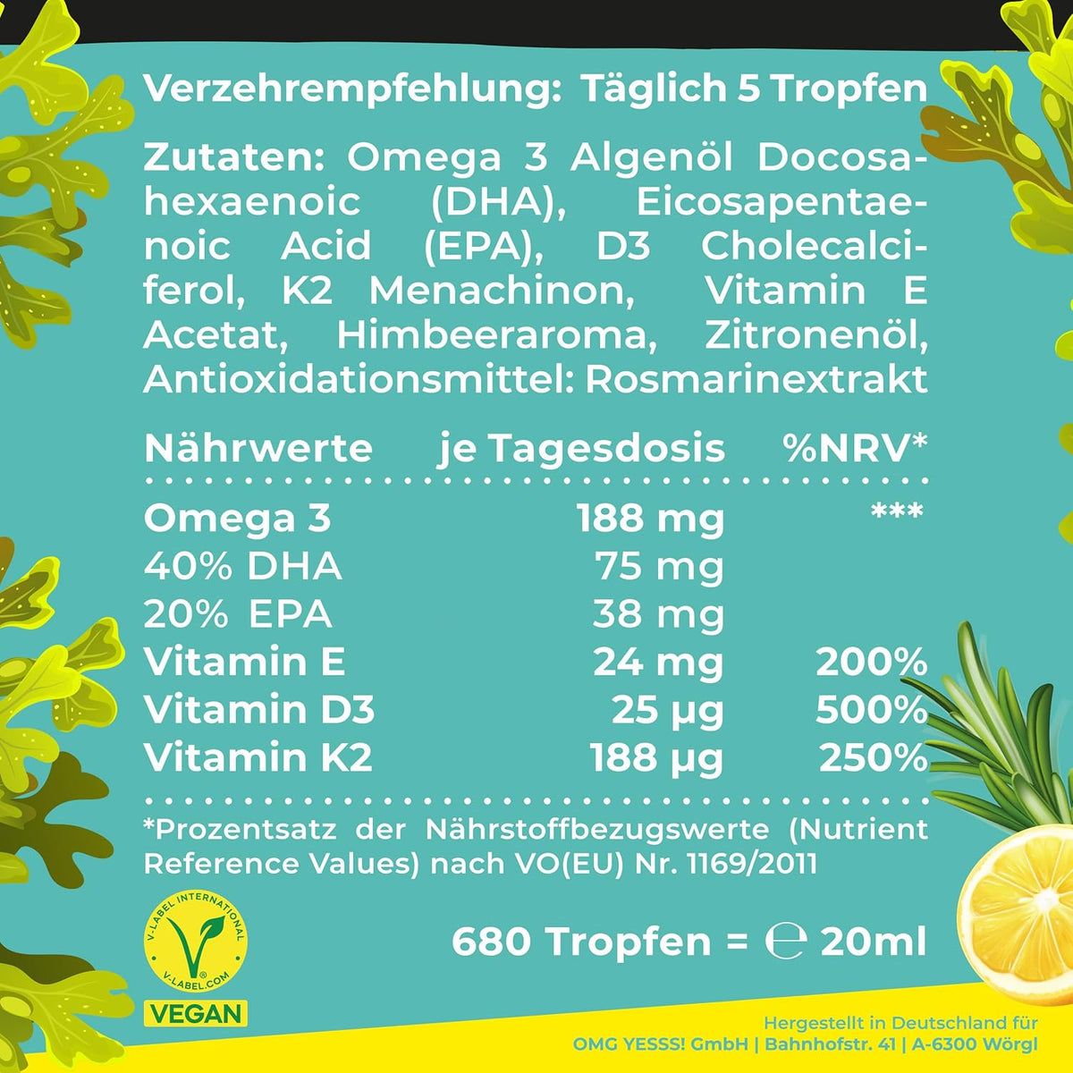 Texte avec informations nutritionnelles par dose quotidienne d'Oméga 3, vitamine E, vitamine D3 et vitamine K2. Label Vegan.