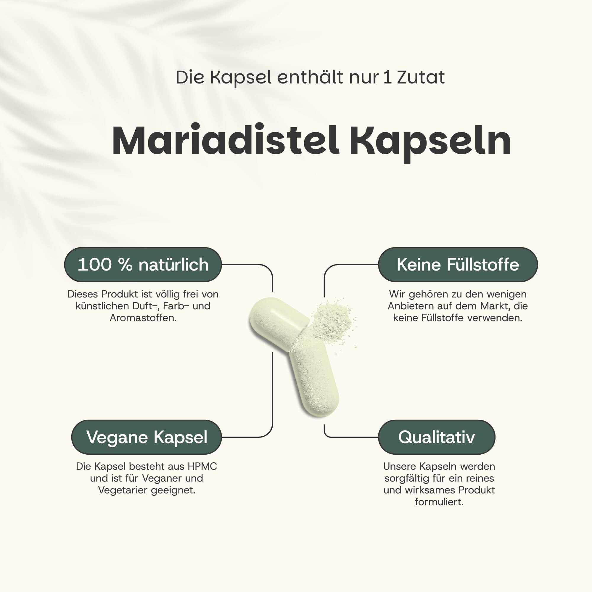 Une capsule de chardon-Marie contenant un seul ingrédient. Elle est 100% naturelle, végétalienne et sans additifs.