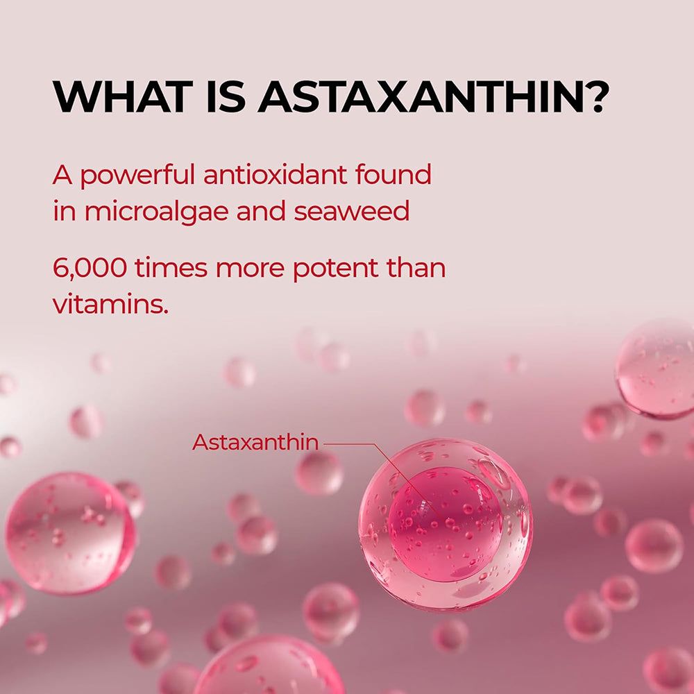 Graphique avec texte: Qu'est-ce que l'astaxanthine? Antioxydant dans les microalgues et les algues. 6 000 fois plus puissant que les vitamines. Cellules d'astaxanthine.