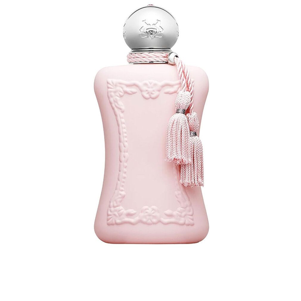 Flacon de parfum rose pâle avec bouchon argenté et pompons.