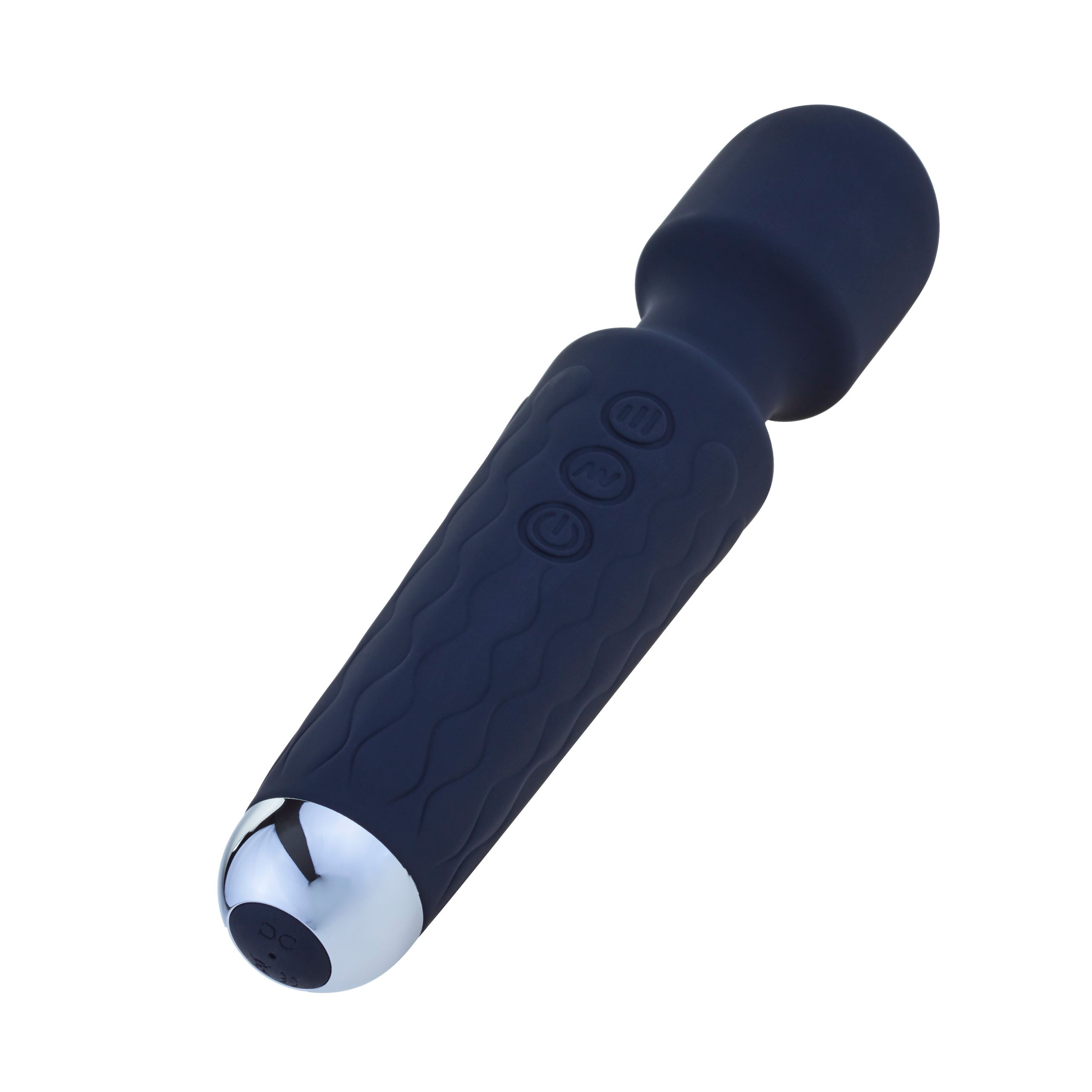 Vibrateur bleu foncé avec texture ondulée et trois boutons. Embout argenté. Partie supérieure arrondie.