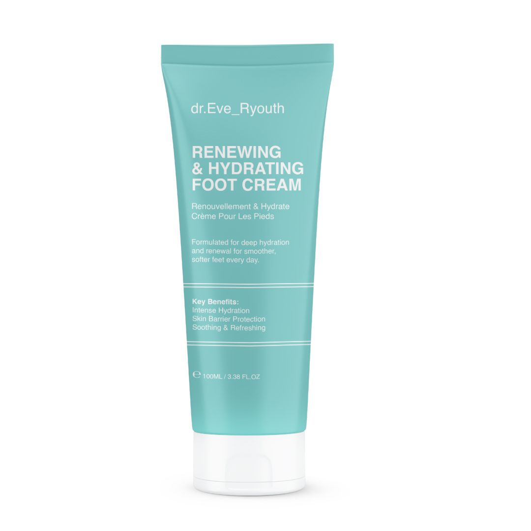 Tube turquoise avec "dr.Eve_Ryouth" et "Renewing & Hydrating Foot Cream". Bouchon blanc.