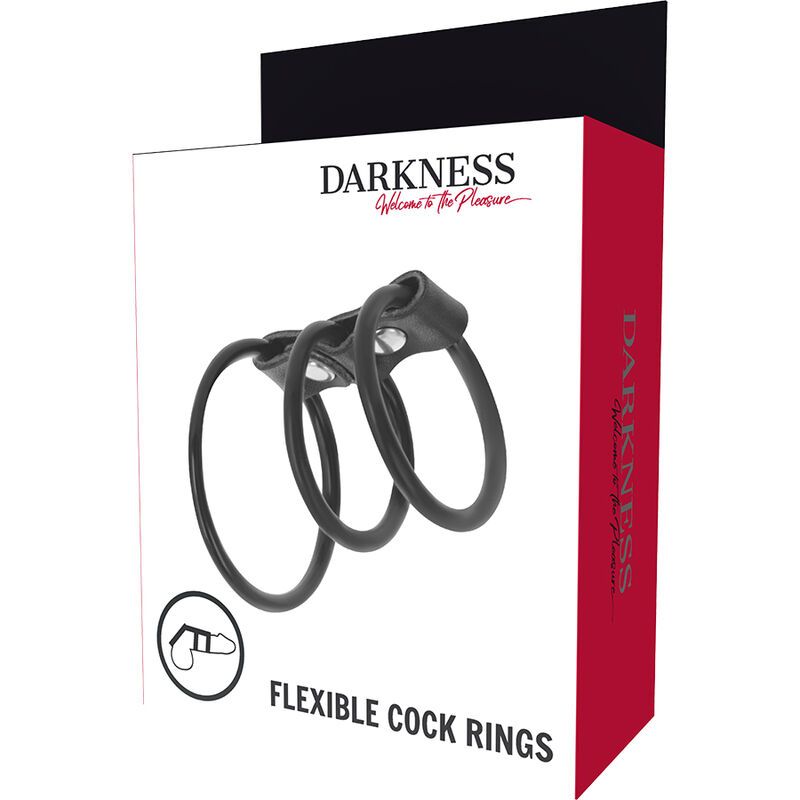 Emballage de trois anneaux de pénis noirs et flexibles en silicone. "FLEXIBLE COCK RINGS" est imprimé.