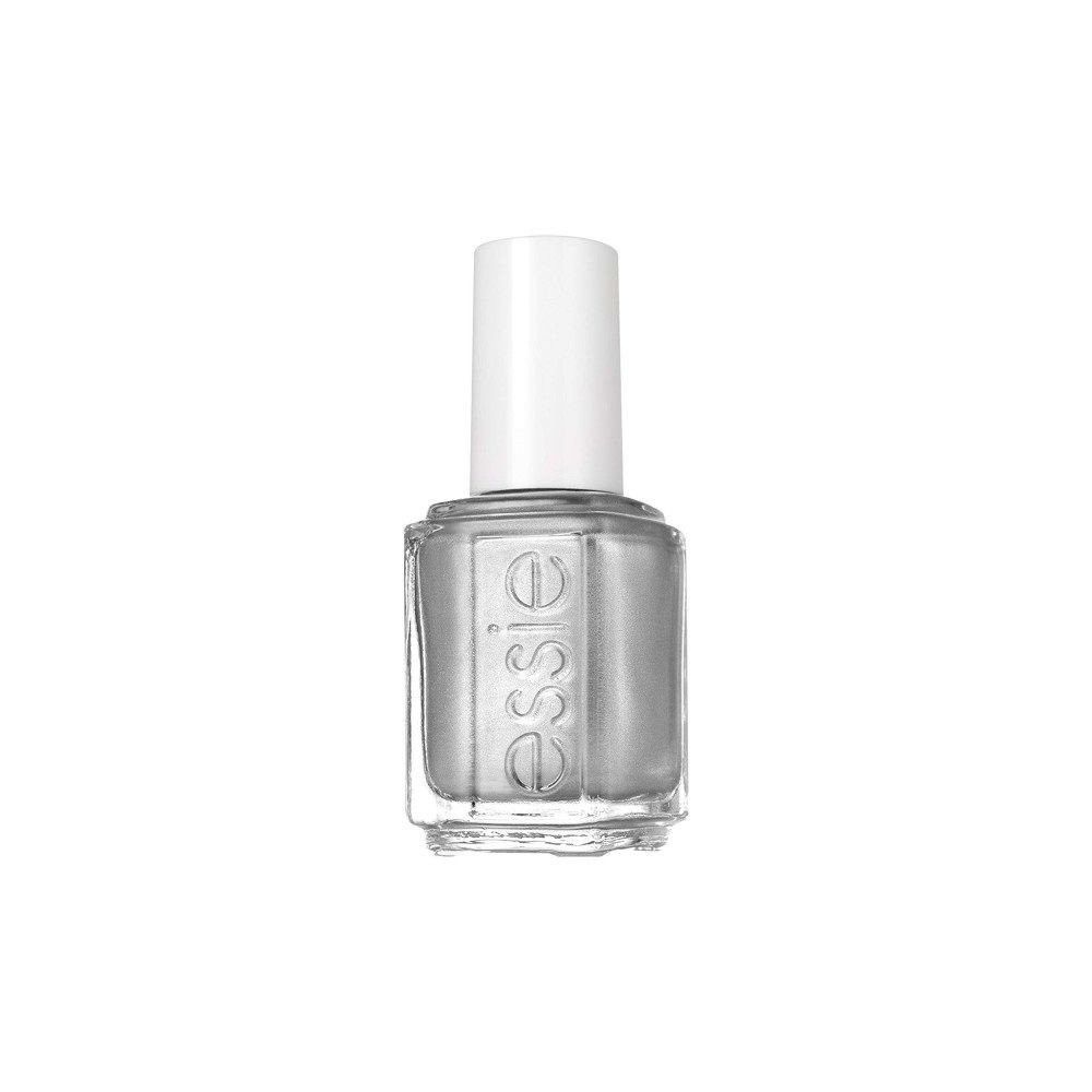 Transparante nagellakfles met zilveren nagellak. Witte dop. Op de fles staat "essie".