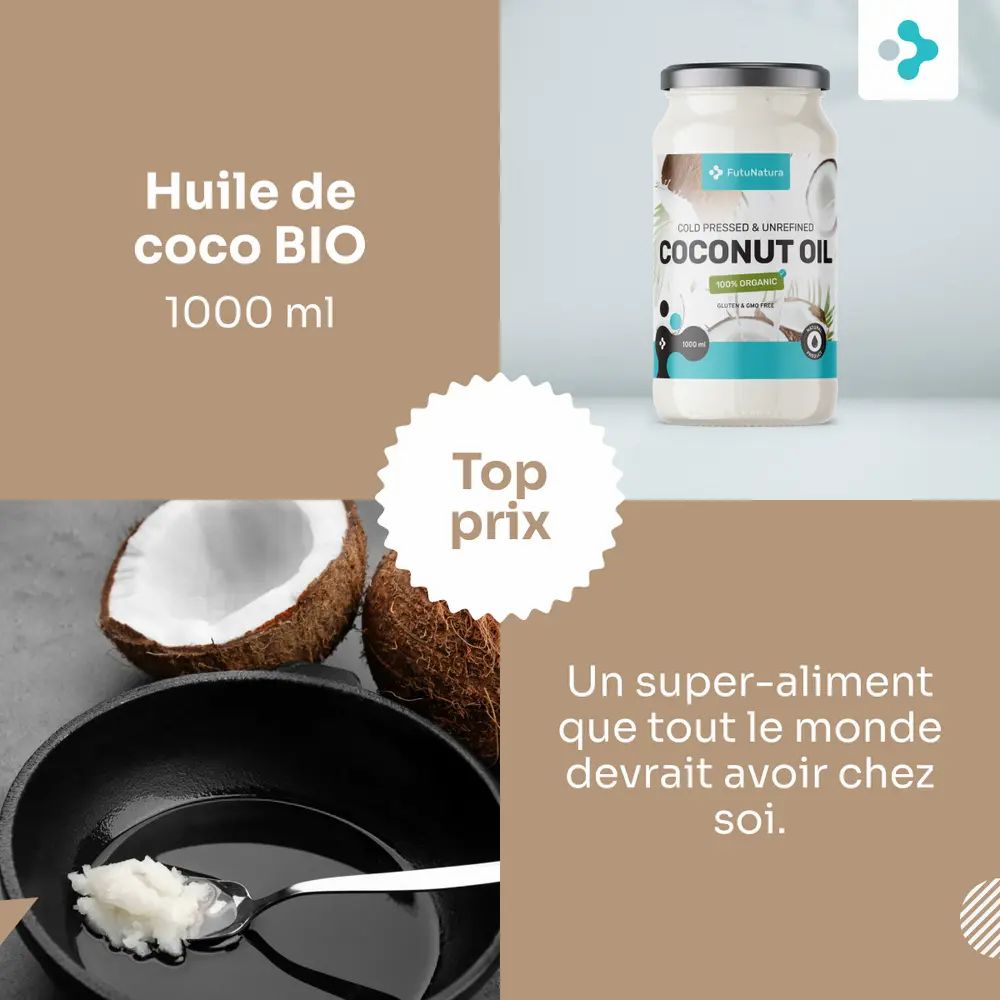 Image produit avec huile de coco. Texte: BIO Kokosöl, 1000 ml. Noix de coco et poêle avec huile.