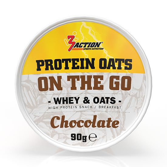 Ronde container met gele deksel. Opschrift: Protein Oats On The Go, Chocolate. Merk: 3Action.