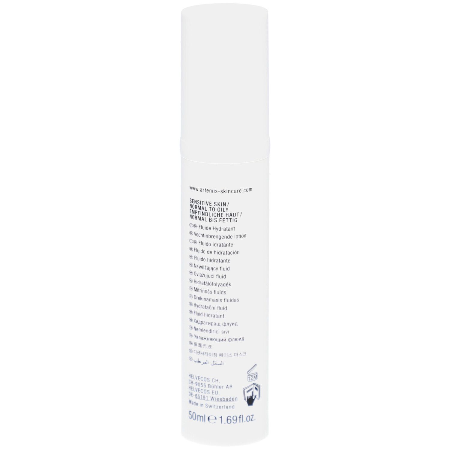 Flacon blanc avec texte. MED Hydraderm Fluid. 50ml. Logo Artemis. Vue arrière avec texte.