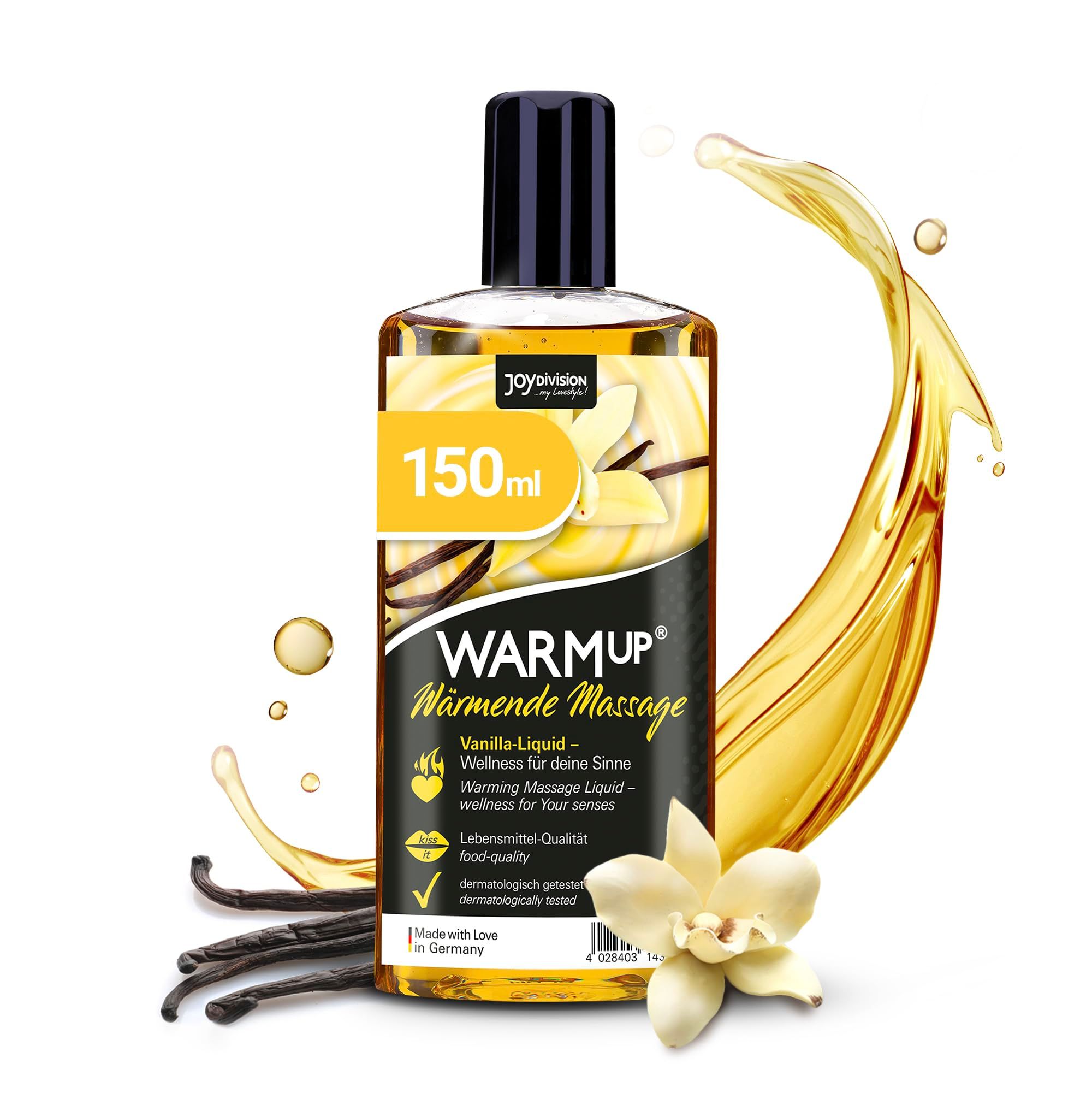 Fles WARMUP Vanille Massage-Liquid met vanillebloem en peulen.