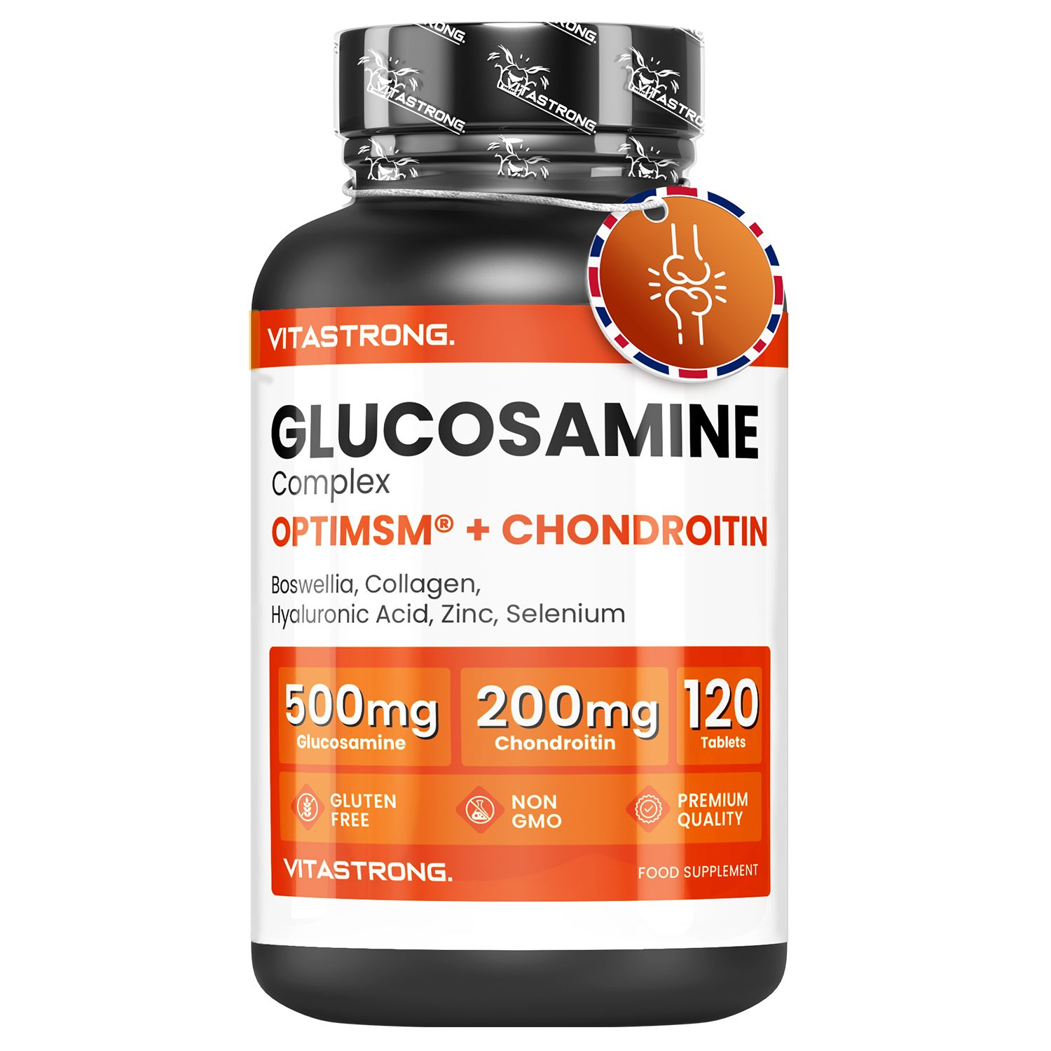Vitastrong Glucosamine + Chondroïtine. Bouteille noire, fond blanc. Texte : Glucosamine, Chondroïtine, 120 comprimés.