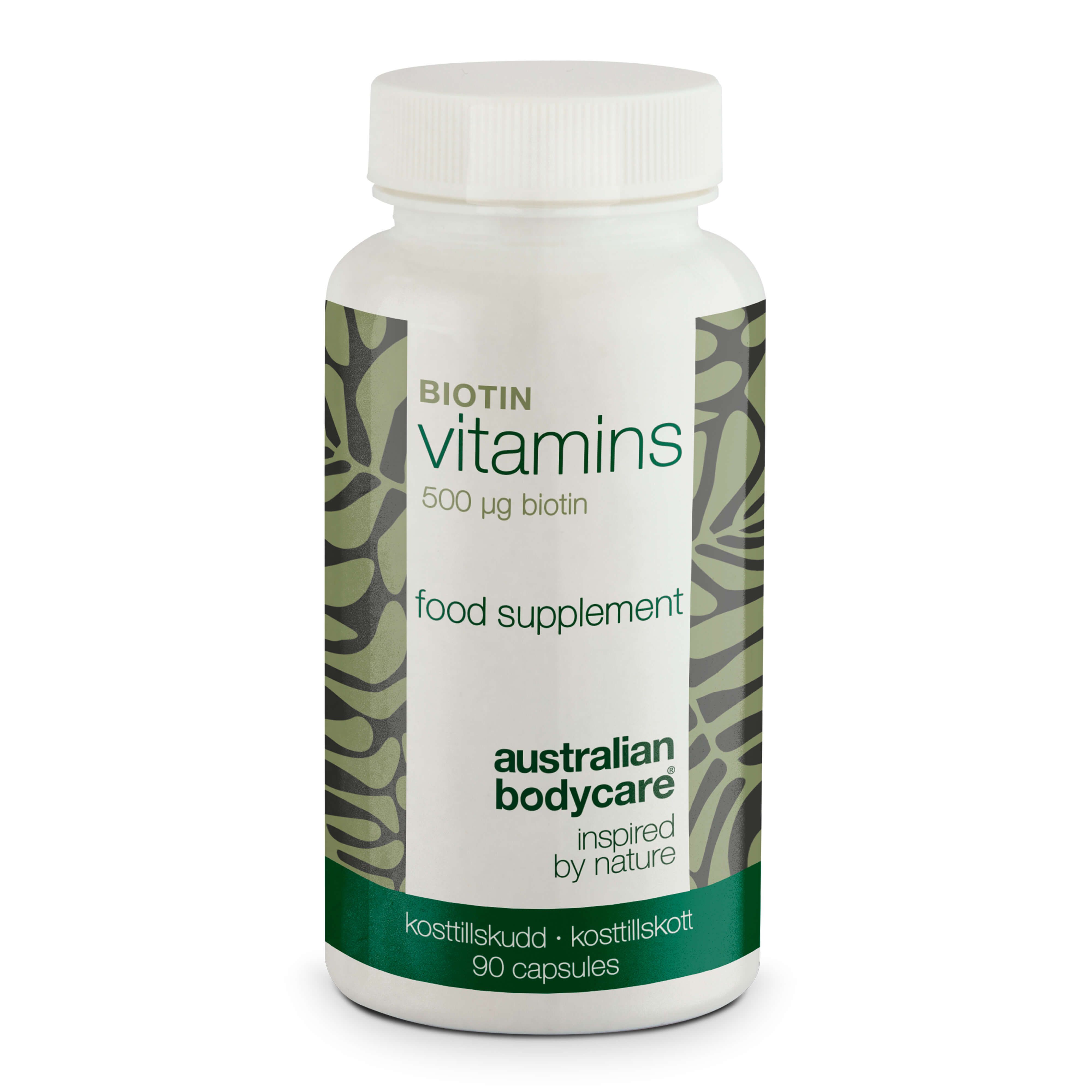 Witte fles met schroefdop. Opschrift: Biotine Vitamins, 500 µg, voedingssupplement. Merk: Australian Bodycare.