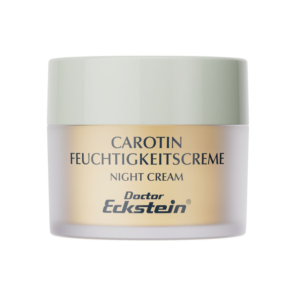 Pot de crème avec couvercle vert clair. Inscription : Carotin Feuchtigkeitscreme Night Cream. Marque : Doctor Eckstein.
