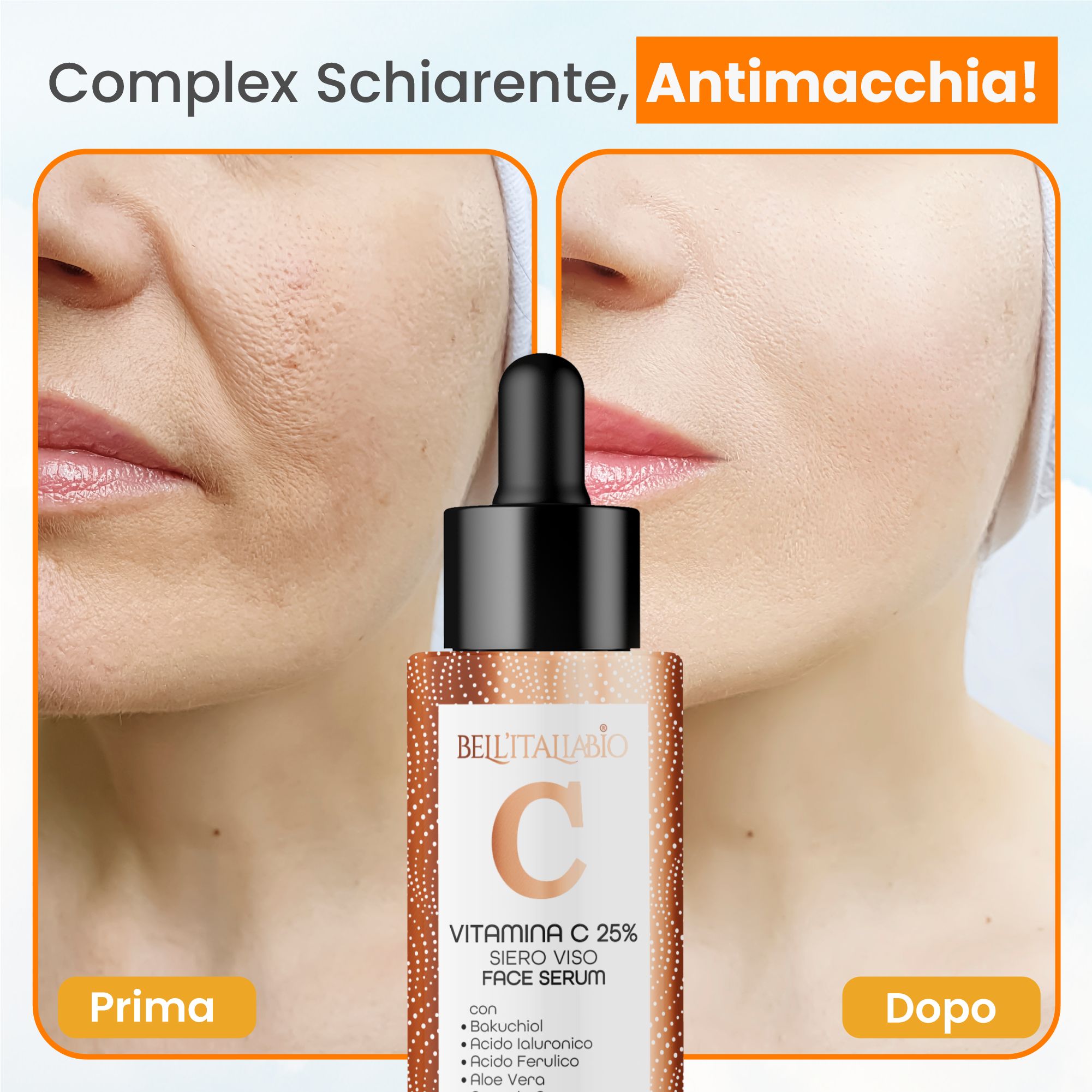 Voor-en-na vergelijking. Serumfles. Tekst: Vitamine C 25% serum, ingrediënten, voor-en-na effect. Logo: BellItaliabio.