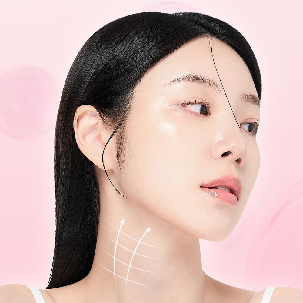 Femme avec peau lisse au cou, lignes de grille blanches et flèches indiquant un raffermissement.