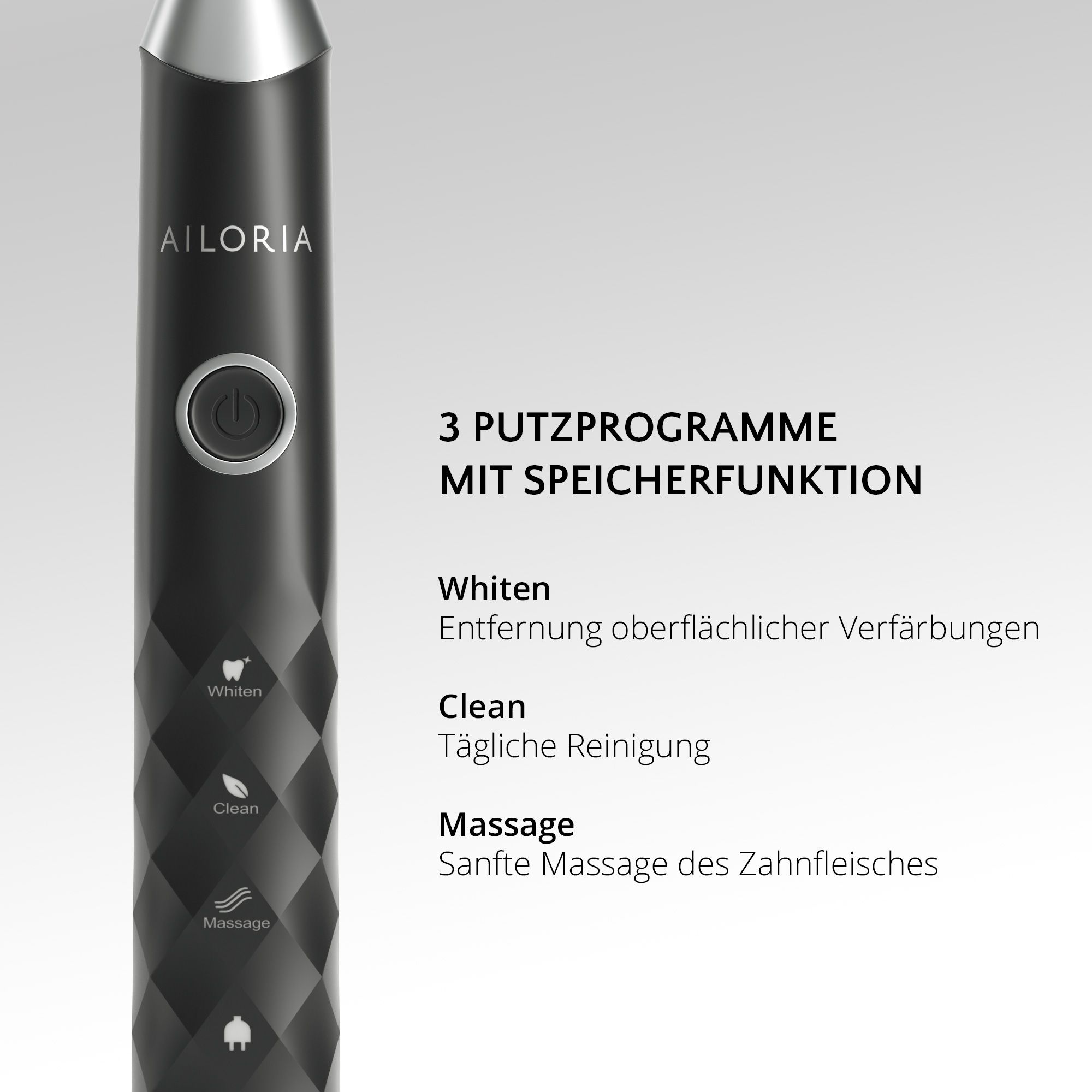 Gros plan sur la brosse à dents noire. Texte : 3 modes de nettoyage avec mémoire : Blanchiment, Nettoyage, Massage.